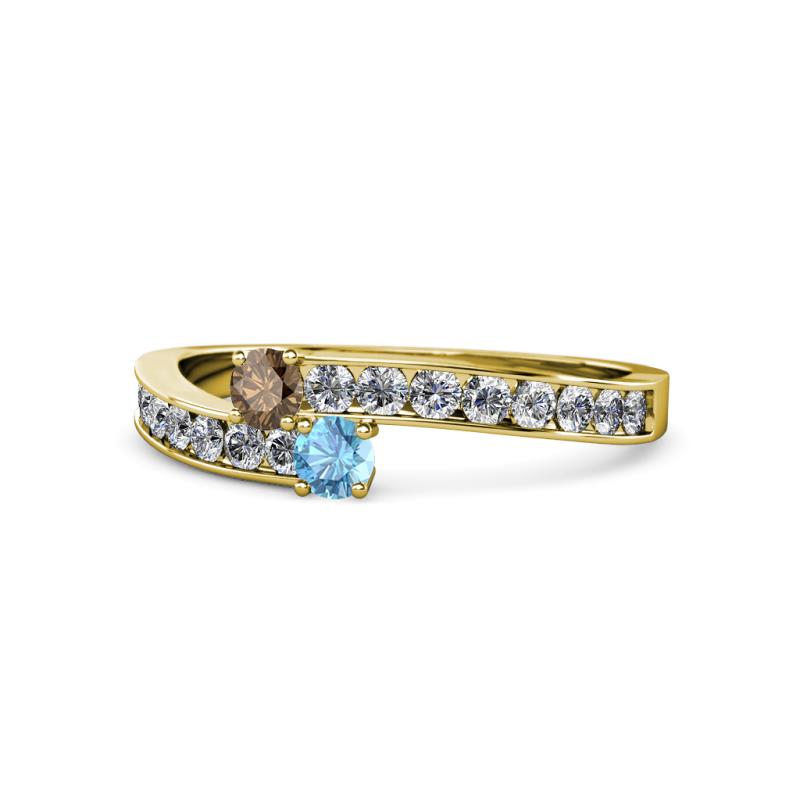 Orane Smoky Quartz and Blue Topaz with Side Diamonds Bypass Ring 