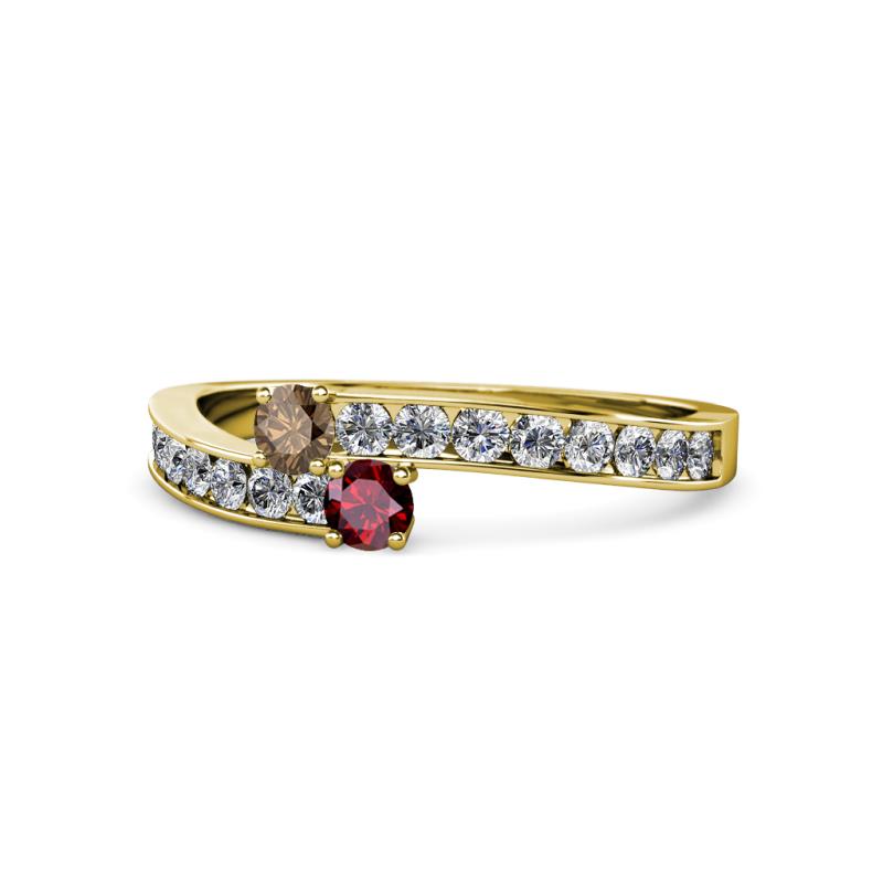 Orane Smoky Quartz and Ruby with Side Diamonds Bypass Ring 