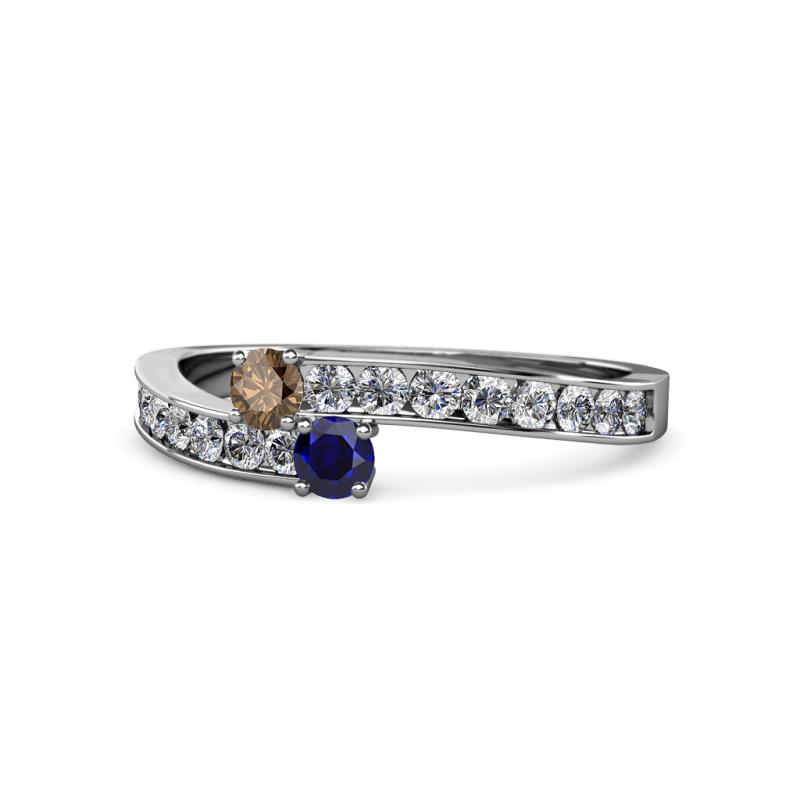 Orane Smoky Quartz and Blue Sapphire with Side Diamonds Bypass Ring 