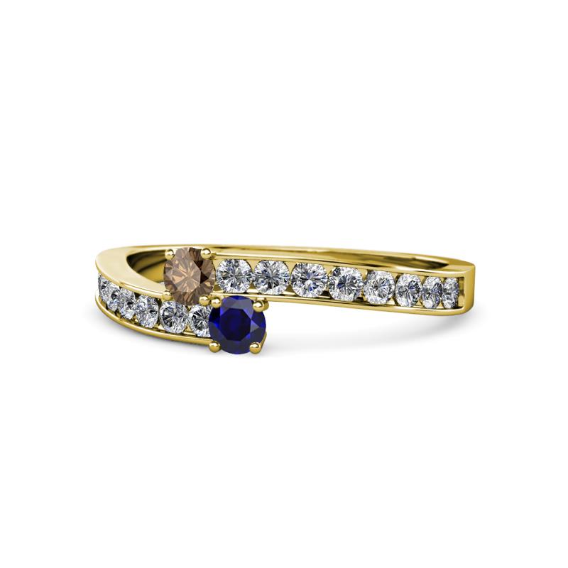Orane Smoky Quartz and Blue Sapphire with Side Diamonds Bypass Ring 