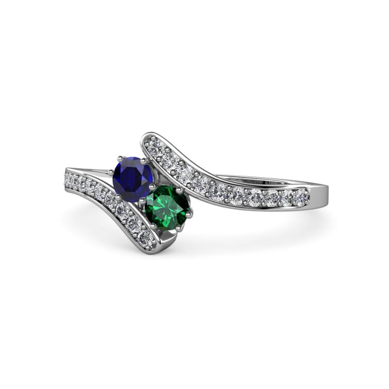 Eleni Blue Sapphire and Emerald with Side Diamonds Bypass Ring 