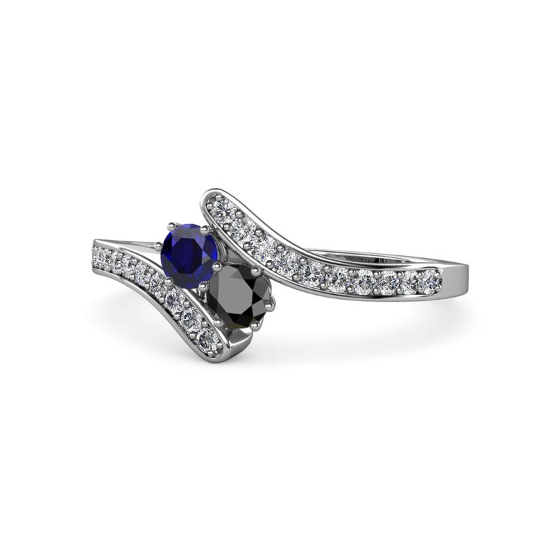 Eleni Blue Sapphire and Black Diamond with Side Diamonds Bypass Ring 