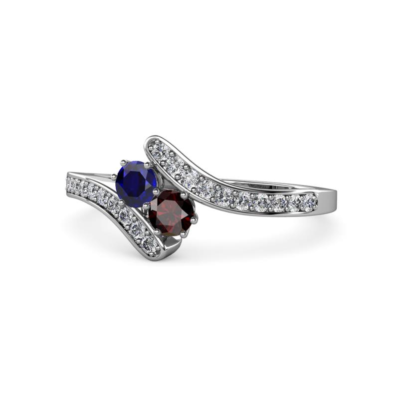 Eleni Blue Sapphire and Red Garnet with Side Diamonds Bypass Ring 