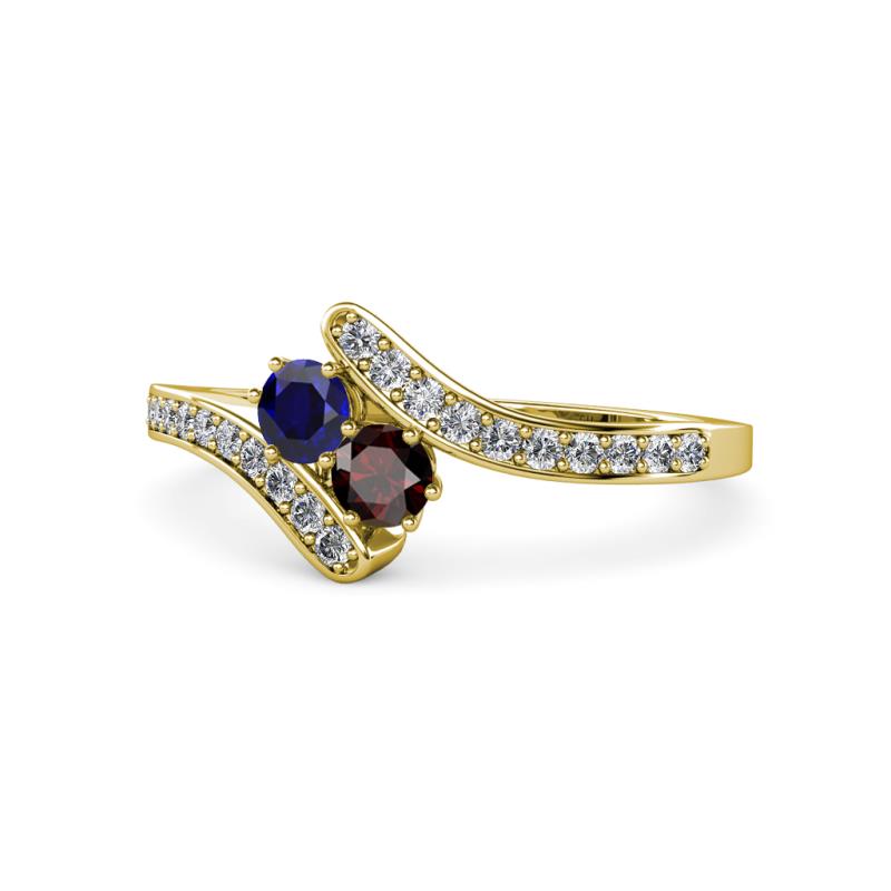 Eleni Blue Sapphire and Red Garnet with Side Diamonds Bypass Ring 