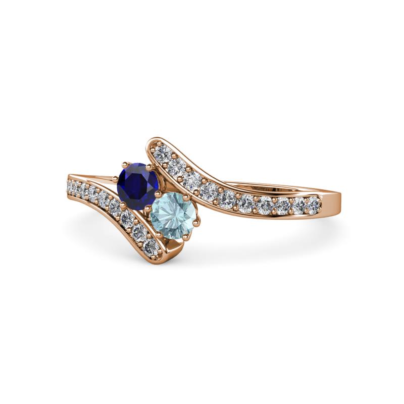 Eleni Blue Sapphire and Aquamarine with Side Diamonds Bypass Ring 