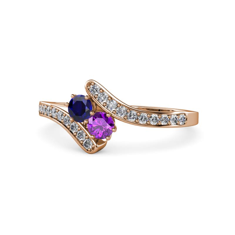 Eleni Blue Sapphire and Amethyst with Side Diamonds Bypass Ring 