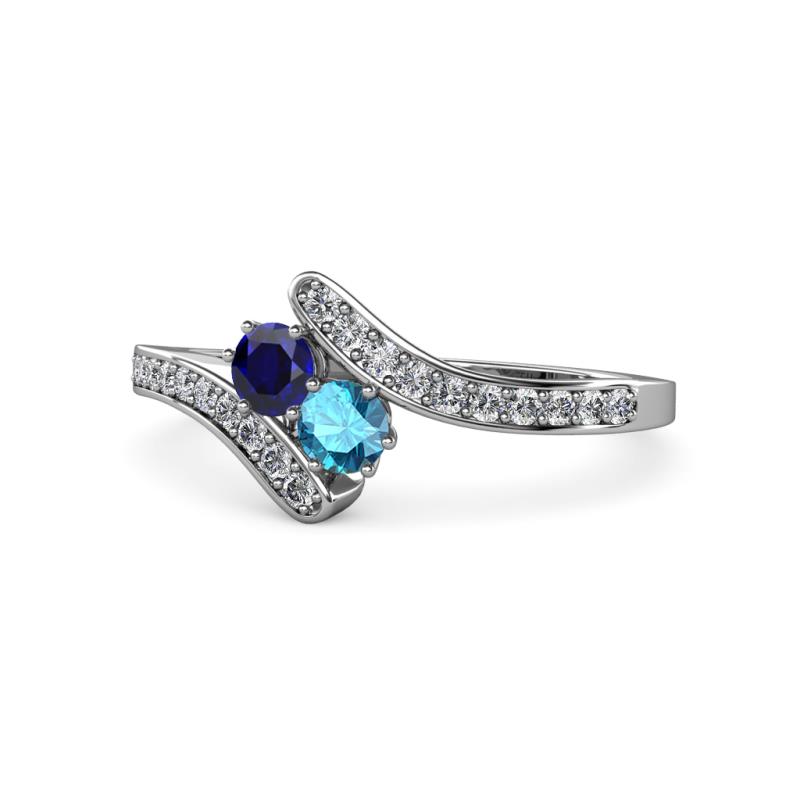 Eleni Blue Sapphire and London Blue Topaz with Side Diamonds Bypass Ring 