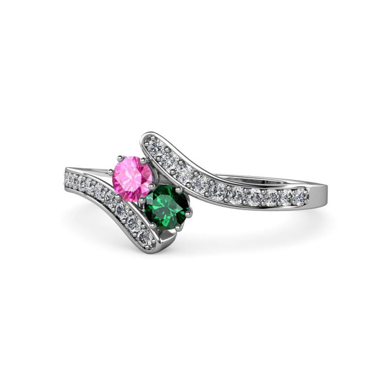Eleni Pink Sapphire and Emerald with Side Diamonds Bypass Ring 