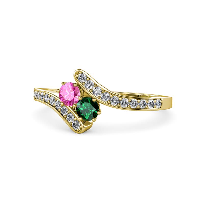 Eleni Pink Sapphire and Emerald with Side Diamonds Bypass Ring 