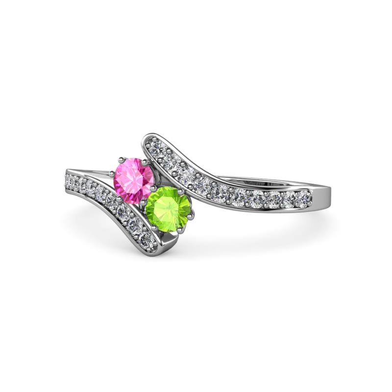 Eleni Pink Sapphire and Peridot with Side Diamonds Bypass Ring 