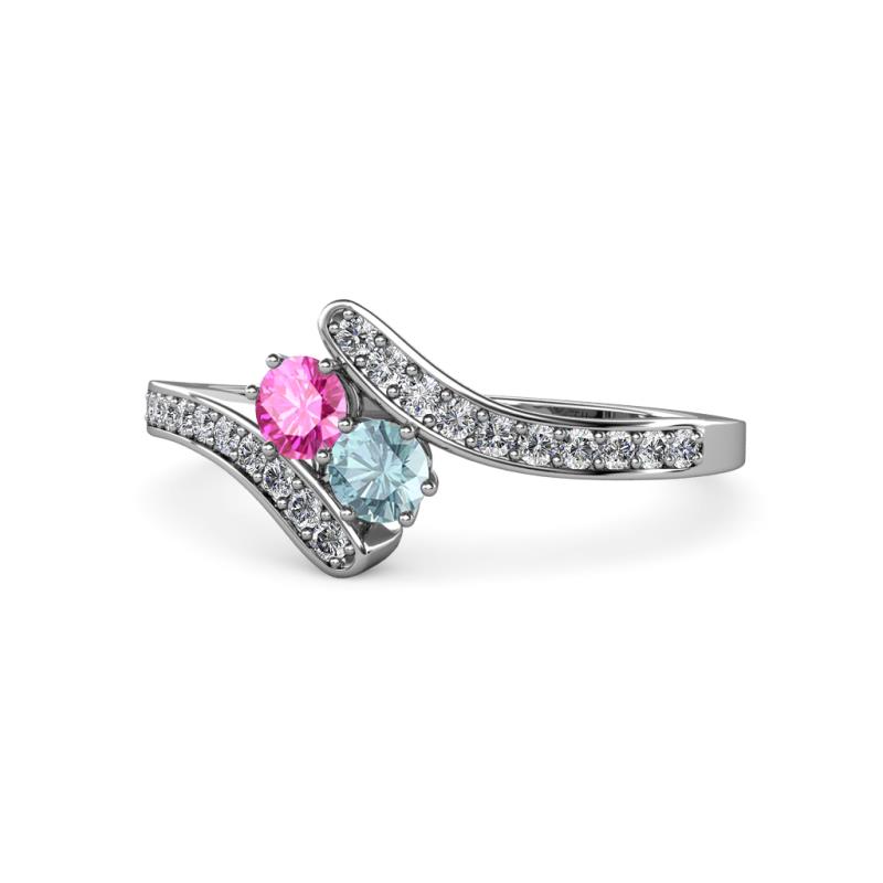 Eleni Pink Sapphire and Aquamarine with Side Diamonds Bypass Ring 