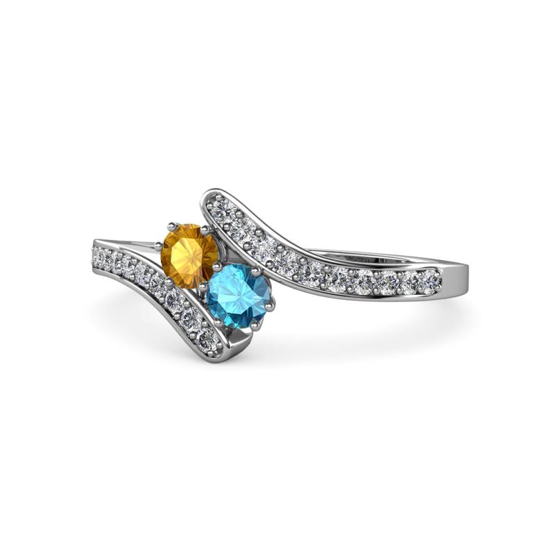 Eleni Citrine and London Blue Topaz with Side Diamonds Bypass Ring 