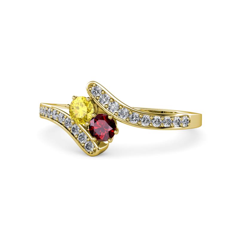 Eleni Yellow Sapphire and Ruby with Side Diamonds Bypass Ring 