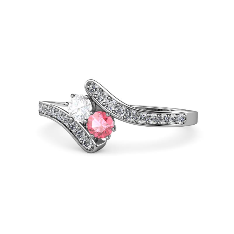 Eleni White Sapphire and Pink Tourmaline with Side Diamonds Bypass Ring 