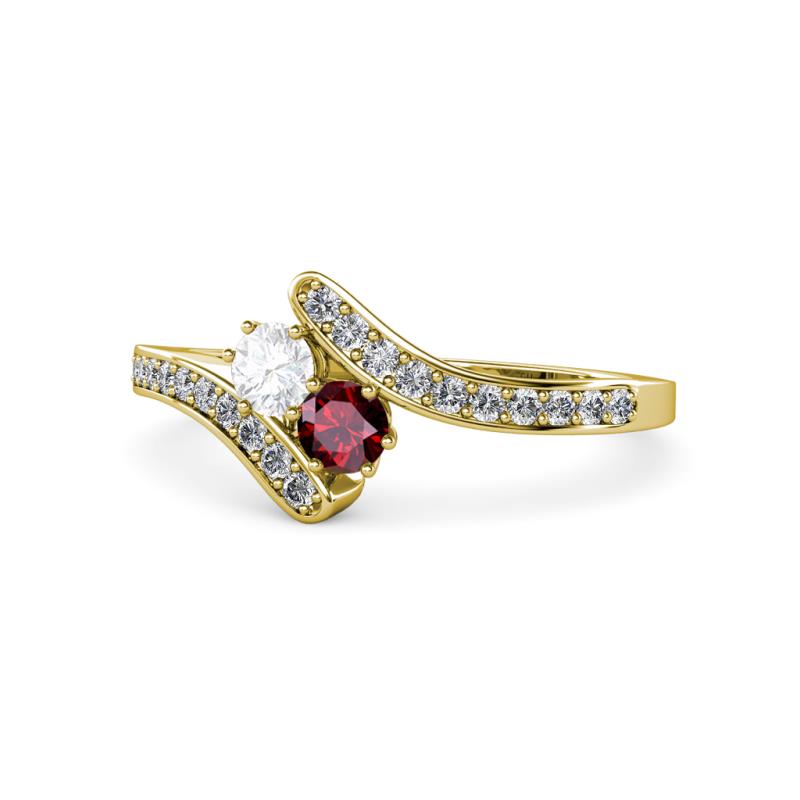 Eleni White Sapphire and Ruby with Side Diamonds Bypass Ring 