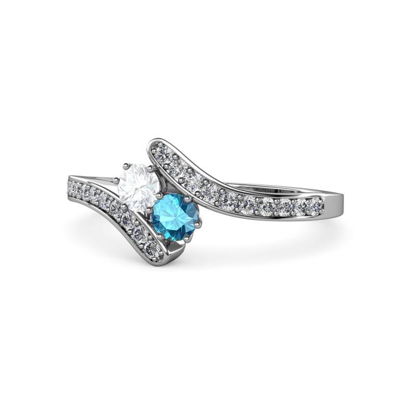 Eleni White Sapphire and London Blue Topaz with Side Diamonds Bypass Ring 