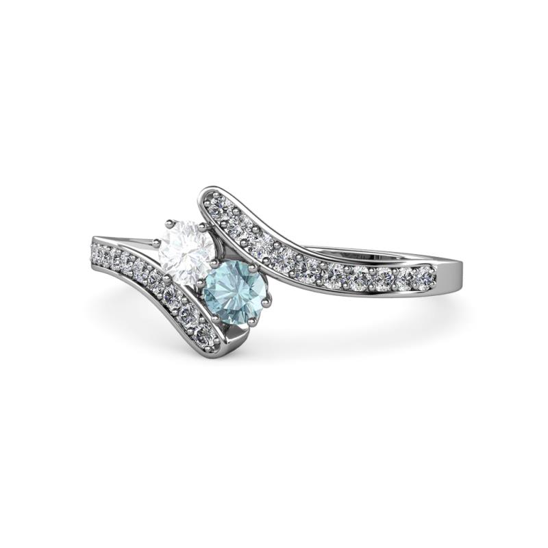 Eleni White Sapphire and Aquamarine with Side Diamonds Bypass Ring 