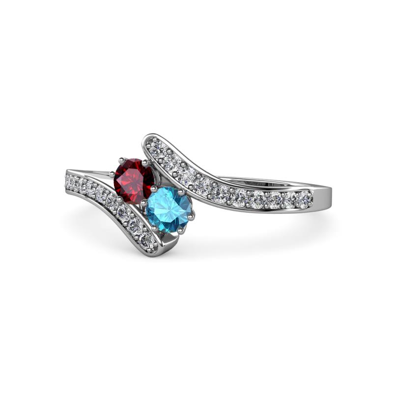 Eleni Ruby and London Blue Topaz with Side Diamonds Bypass Ring 