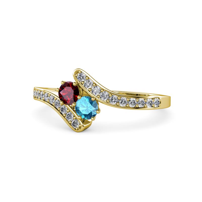 Eleni Ruby and London Blue Topaz with Side Diamonds Bypass Ring 
