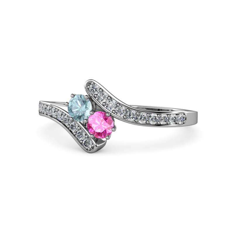 Eleni Aquamarine and Pink Sapphire with Side Diamonds Bypass Ring 