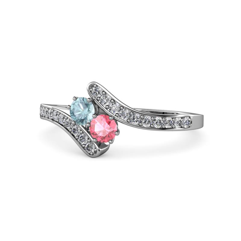 Eleni Aquamarine and Pink Tourmaline with Side Diamonds Bypass Ring 