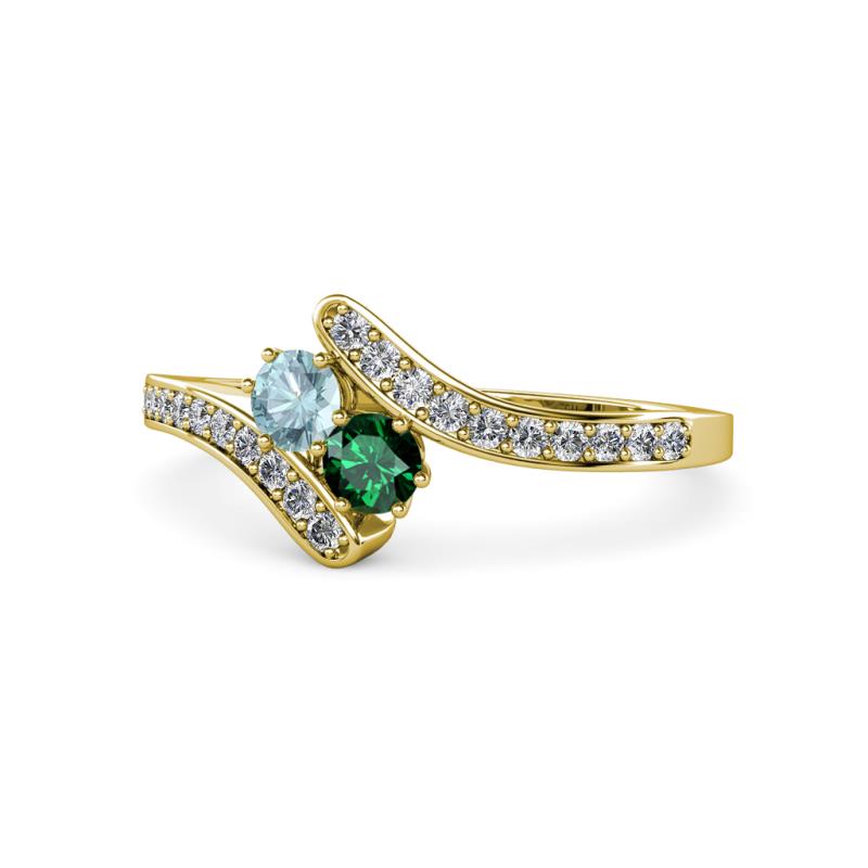 Eleni Aquamarine and Emerald with Side Diamonds Bypass Ring 