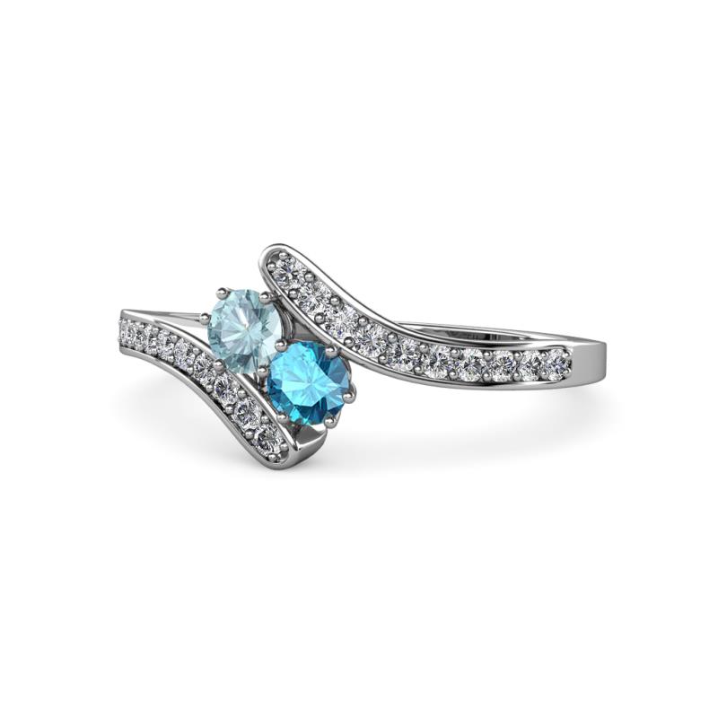 Eleni Aquamarine and London Blue Topaz with Side Diamonds Bypass Ring 