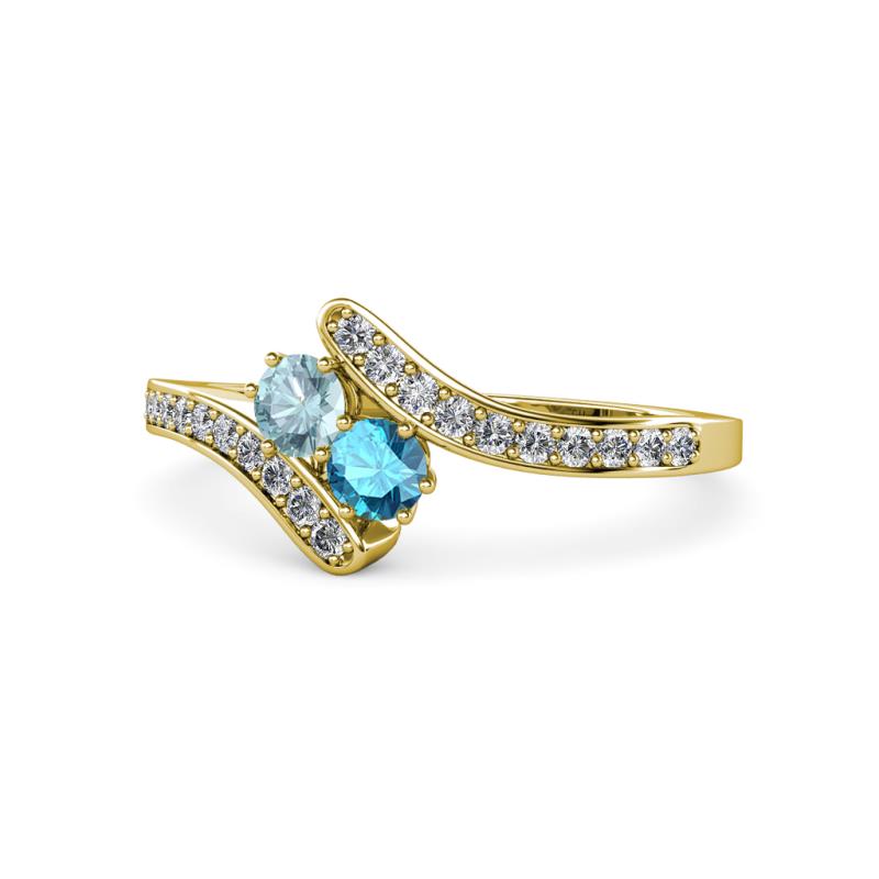 Eleni Aquamarine and London Blue Topaz with Side Diamonds Bypass Ring 