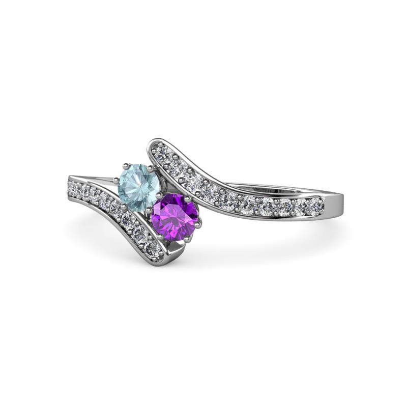 Eleni Aquamarine and Amethyst with Side Diamonds Bypass Ring 