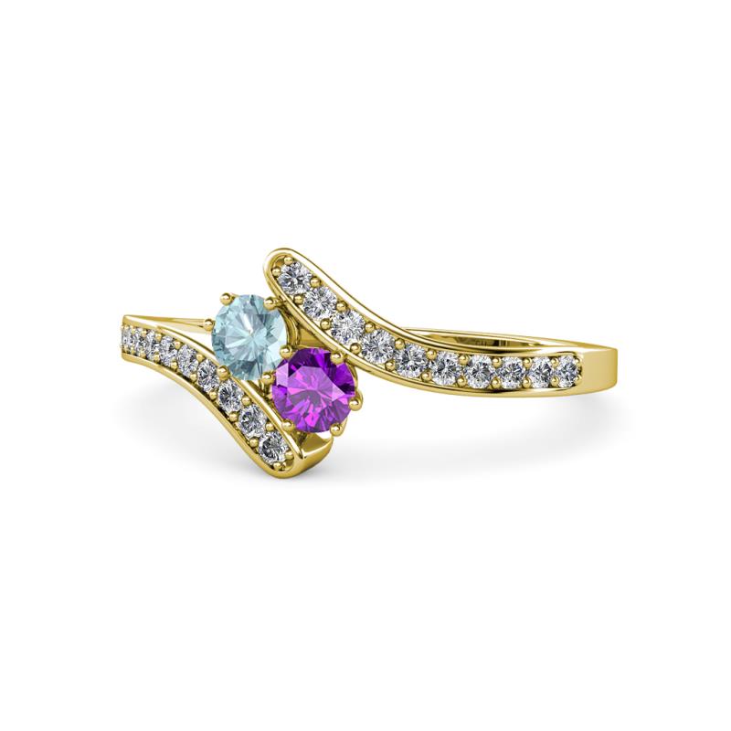 Eleni Aquamarine and Amethyst with Side Diamonds Bypass Ring 