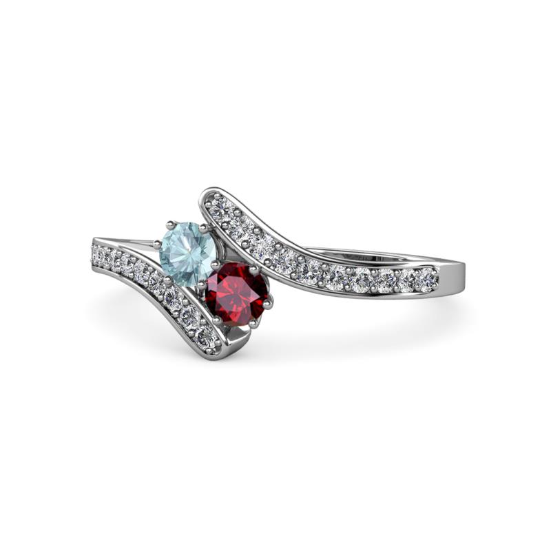 Eleni Aquamarine and Ruby with Side Diamonds Bypass Ring 