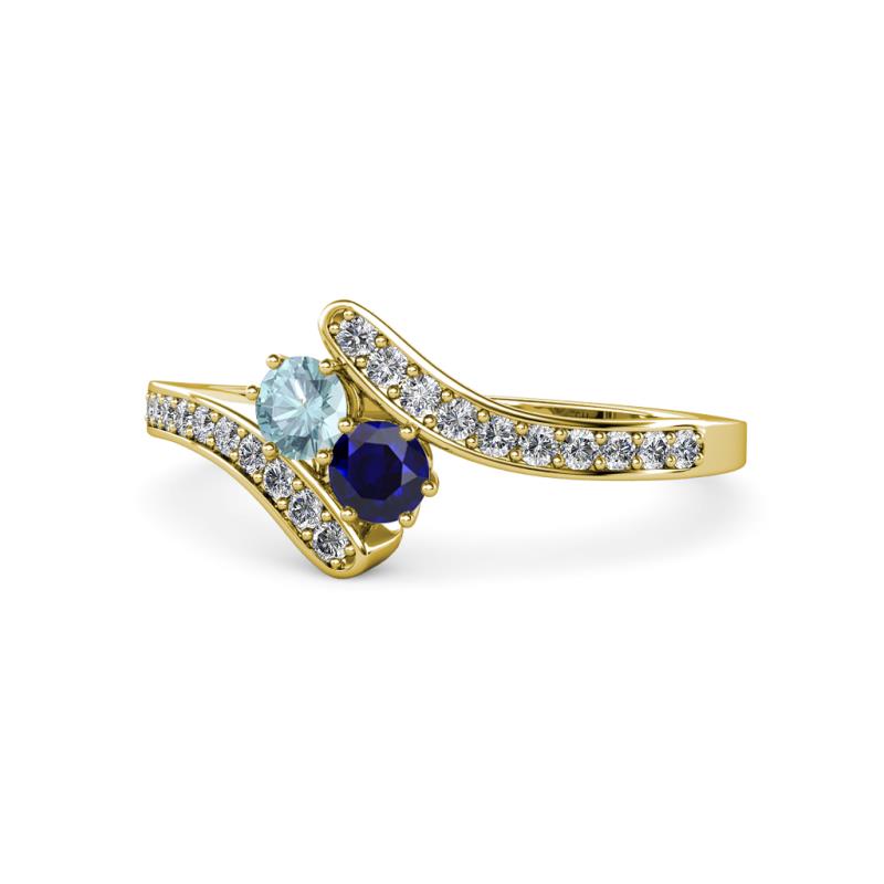 Eleni Aquamarine and Blue Sapphire with Side Diamonds Bypass Ring 