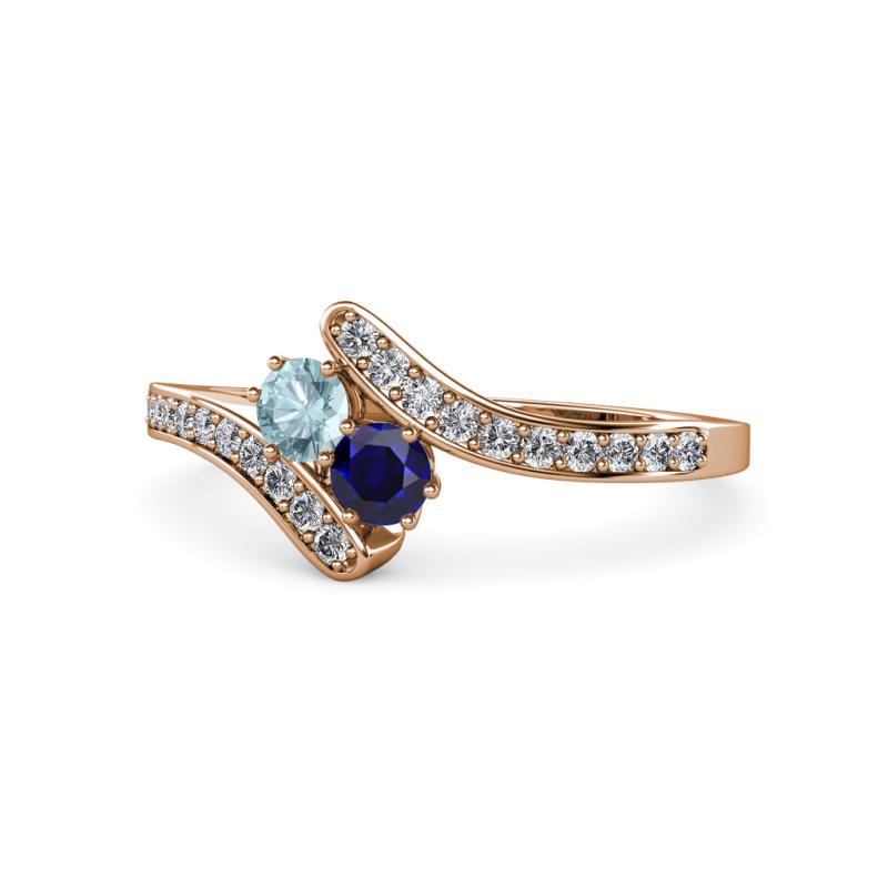 Eleni Aquamarine and Blue Sapphire with Side Diamonds Bypass Ring 