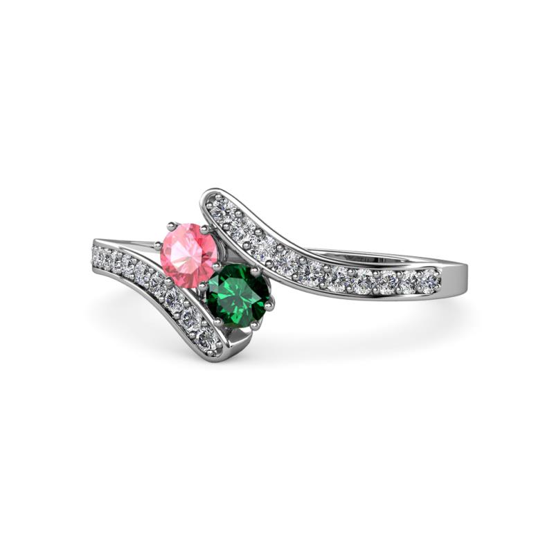Eleni Pink Tourmaline and Emerald with Side Diamonds Bypass Ring 