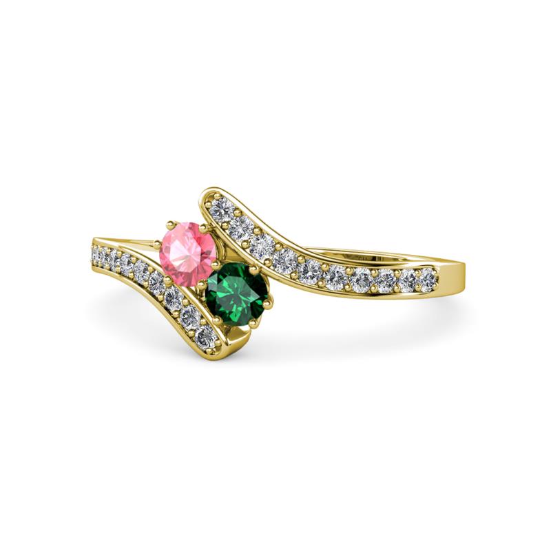 Eleni Pink Tourmaline and Emerald with Side Diamonds Bypass Ring 