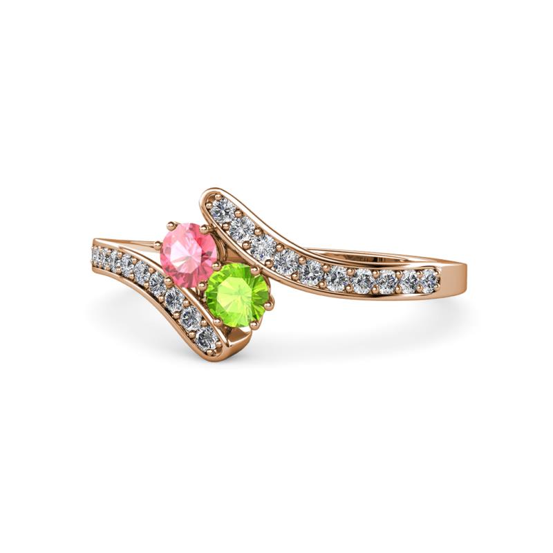 Eleni Pink Tourmaline and Peridot with Side Diamonds Bypass Ring 