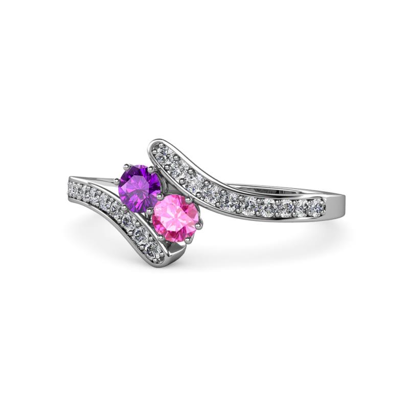 Eleni Amethyst and Pink Sapphire with Side Diamonds Bypass Ring 