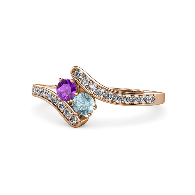 Eleni Amethyst and Aquamarine with Side Diamonds Bypass Ring 