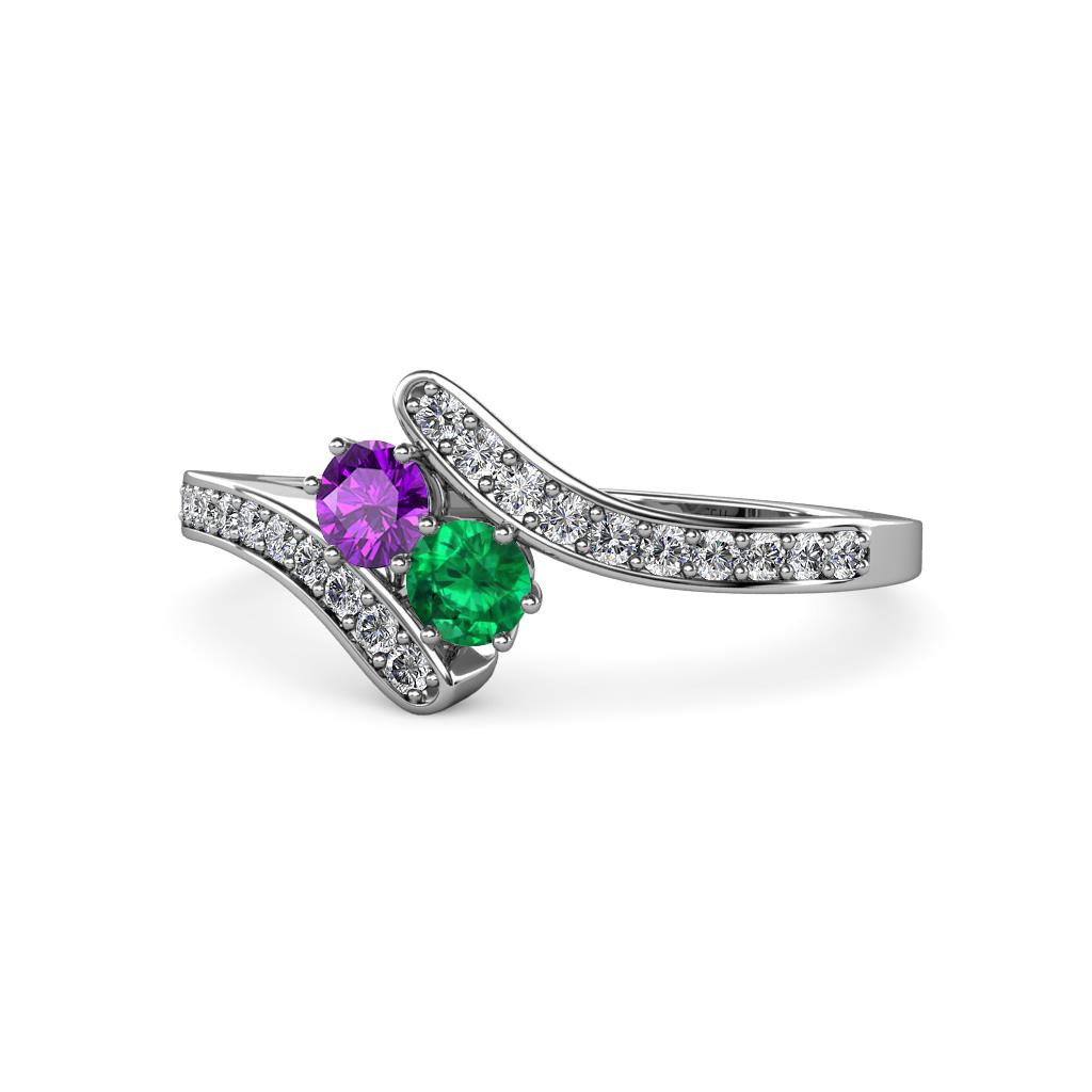 Eleni Amethyst and Emerald with Side Diamonds Bypass Ring 