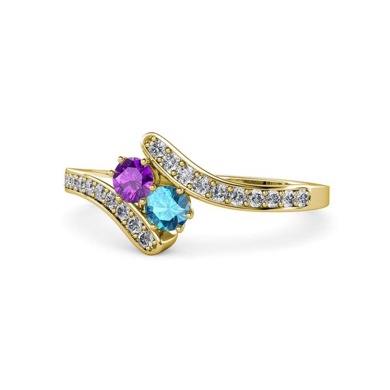 Eleni Amethyst and London Blue Topaz with Side Diamonds Bypass Ring 