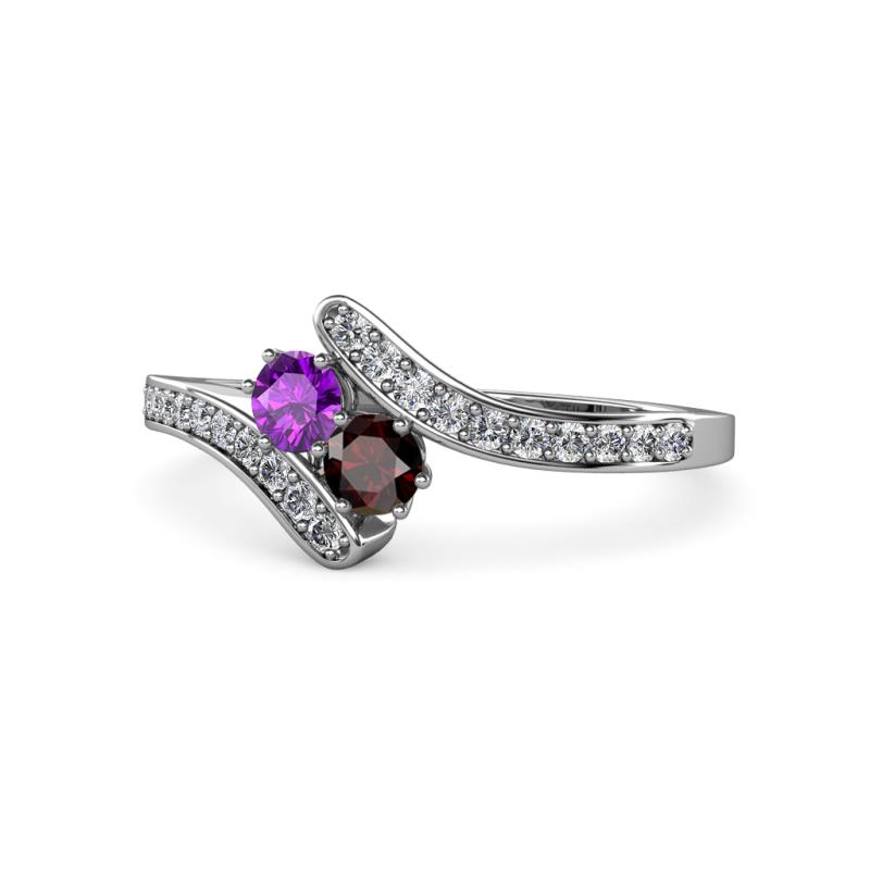 Eleni Amethyst and Red Garnet with Side Diamonds Bypass Ring 