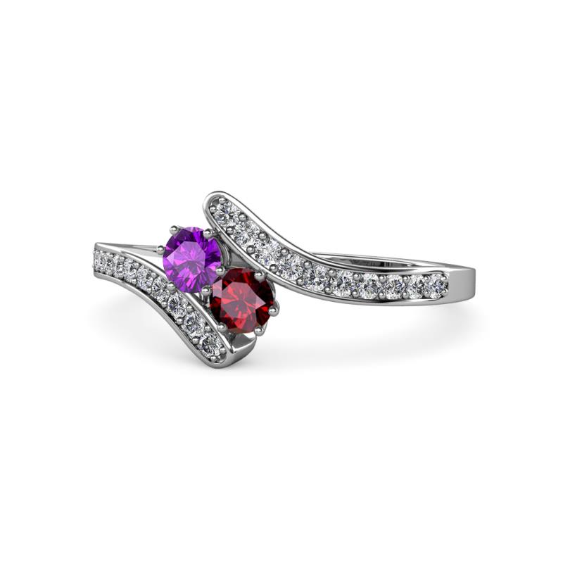 Eleni Amethyst and Ruby with Side Diamonds Bypass Ring 