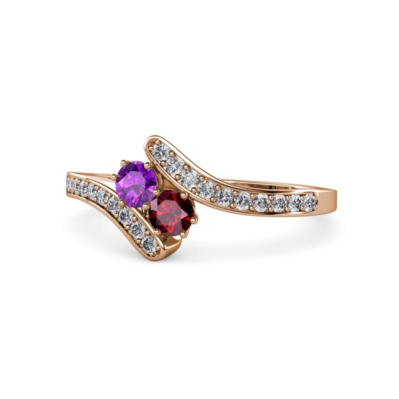 Eleni Amethyst and Ruby with Side Diamonds Bypass Ring 