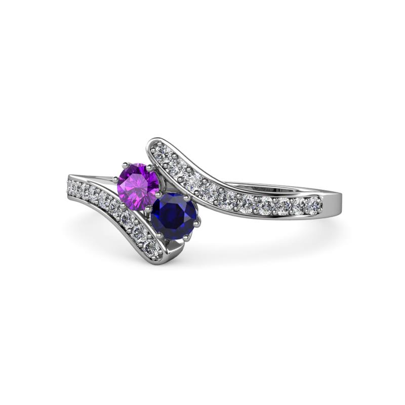 Eleni Amethyst and Blue Sapphire with Side Diamonds Bypass Ring 