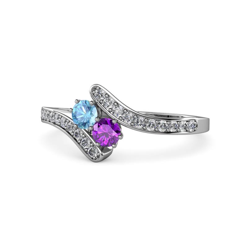 Eleni Blue Topaz and Amethyst with Side Diamonds Bypass Ring 