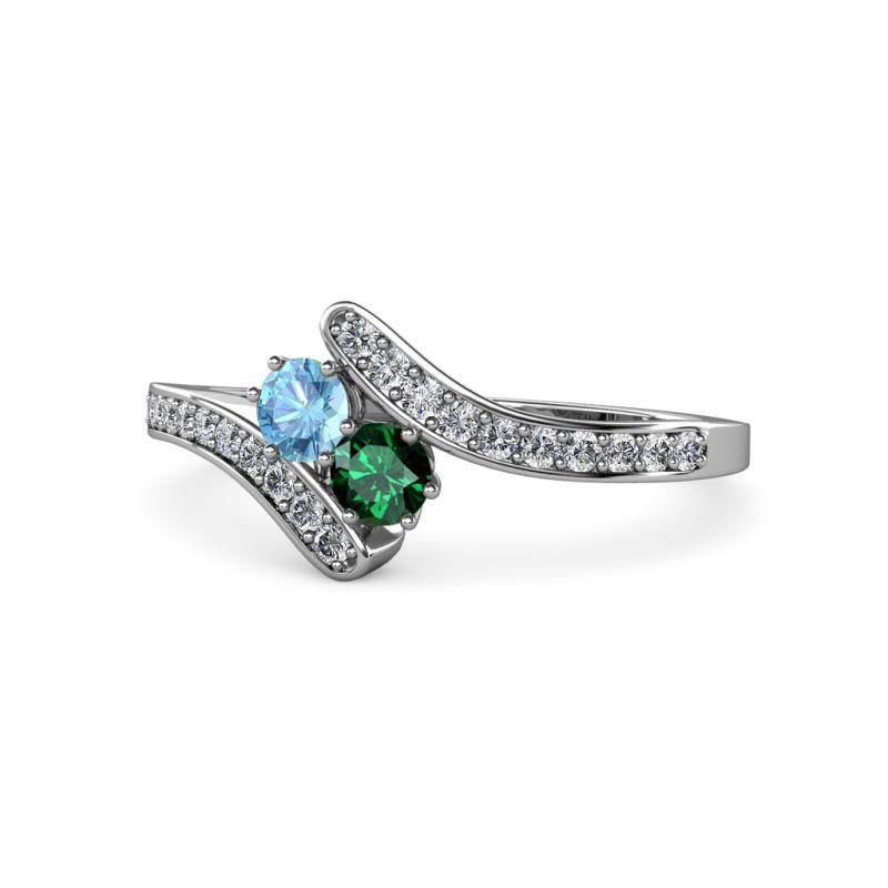 Eleni Blue Topaz and Emerald with Side Diamonds Bypass Ring 