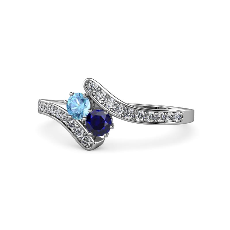 Eleni Blue Topaz and Blue Sapphire with Side Diamonds Bypass Ring 