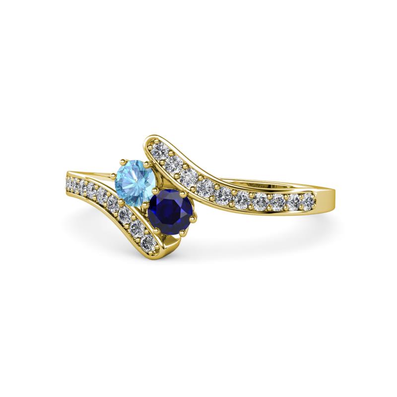 Eleni Blue Topaz and Blue Sapphire with Side Diamonds Bypass Ring 