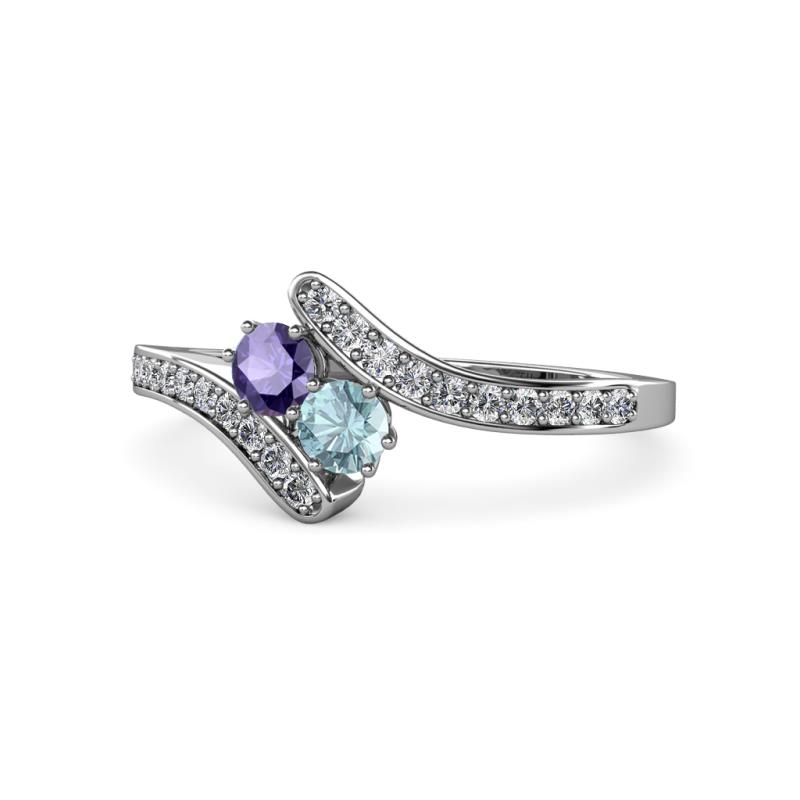 Eleni Iolite and Aquamarine with Side Diamonds Bypass Ring 