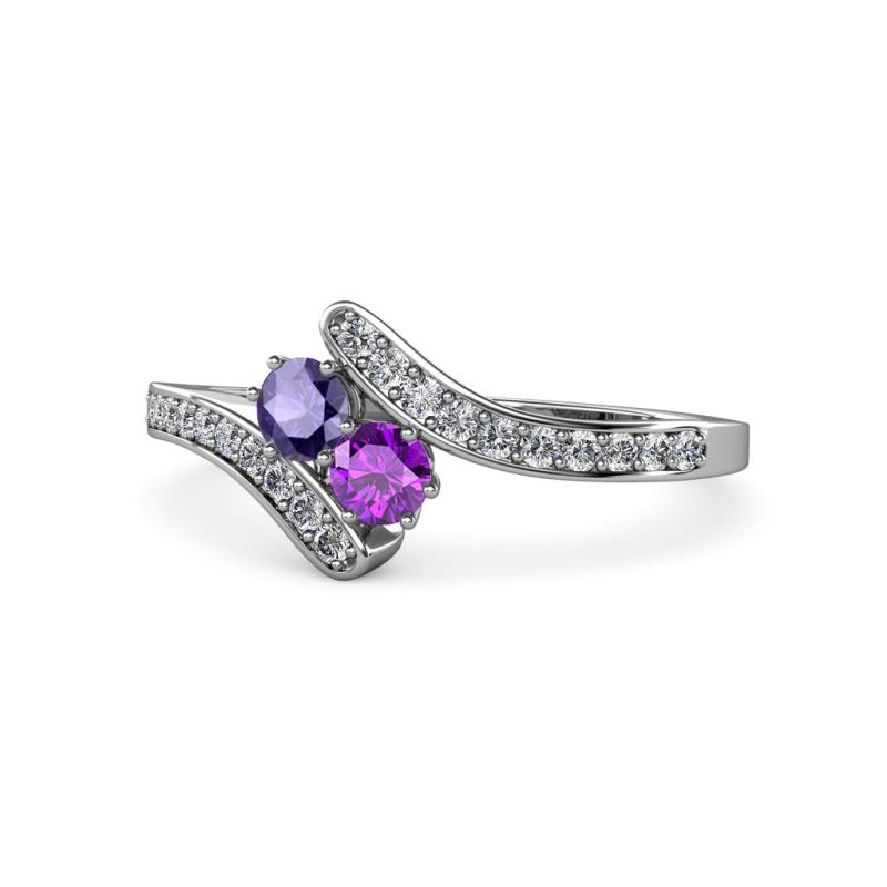 Eleni Iolite and Amethyst with Side Diamonds Bypass Ring 